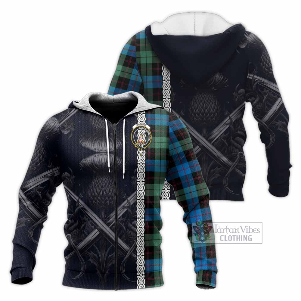 Tartan Vibes Clothing Guthrie Tartan Knitted Hoodie with Family Crest Cross Sword Thistle Celtic Vibes
