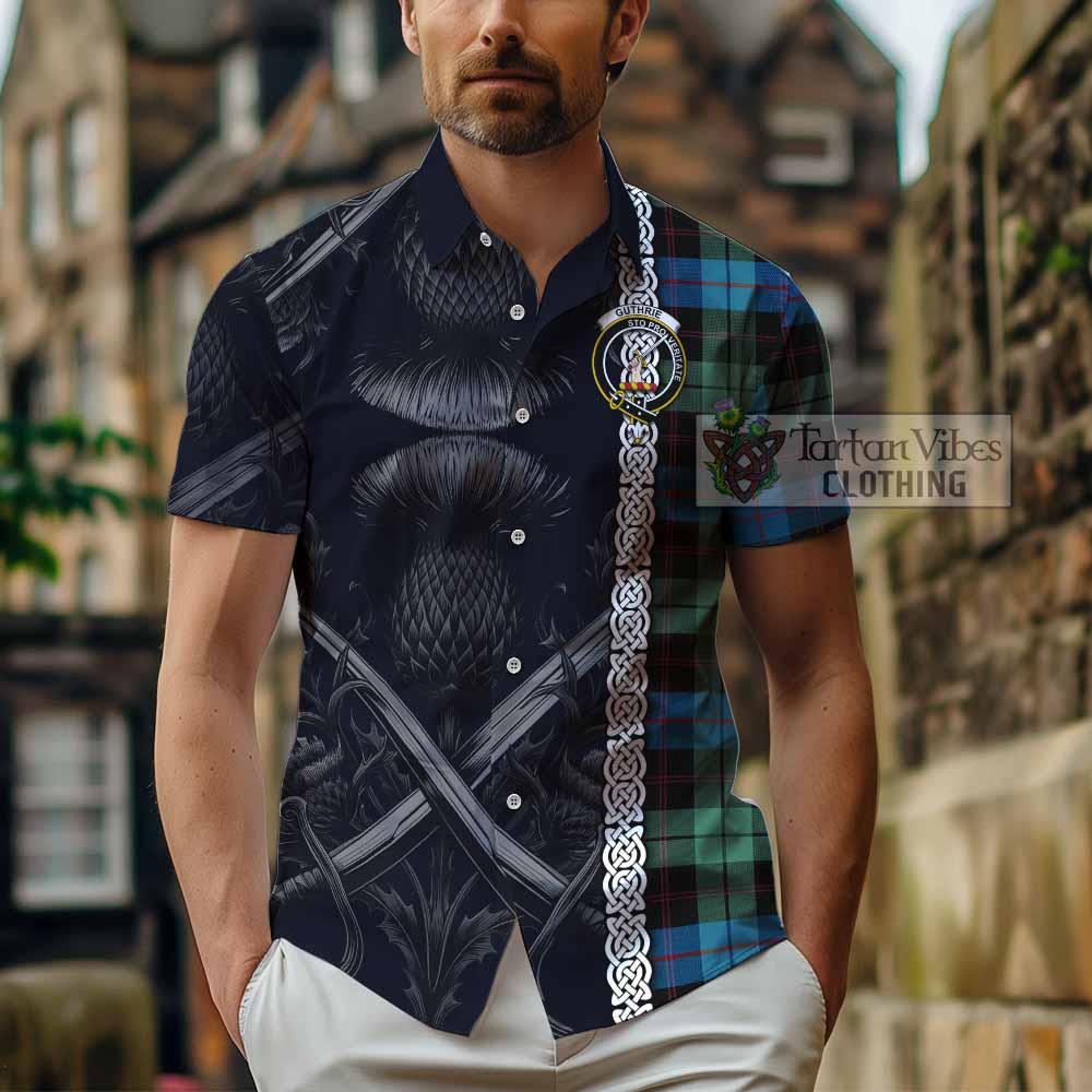 Guthrie Tartan Hawaiian Shirt with Family Crest Cross Sword Thistle Celtic Vibes - Tartan Vibes Clothing