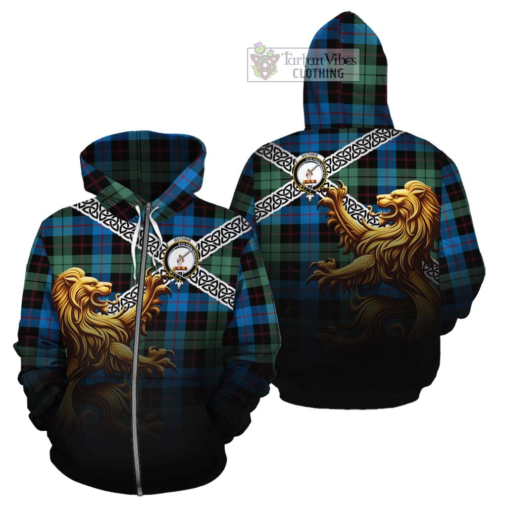 Tartan Vibes Clothing Guthrie Crest Tartan Cotton Hoodie with Golden Lion Emblem Celtic Style