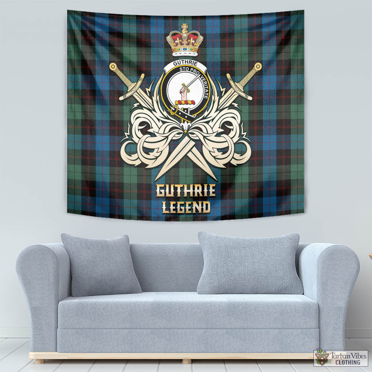 Guthrie Tartan Tapestry with Clan Crest and the Golden Sword of Courageous Legacy - Tartan Vibes Clothing