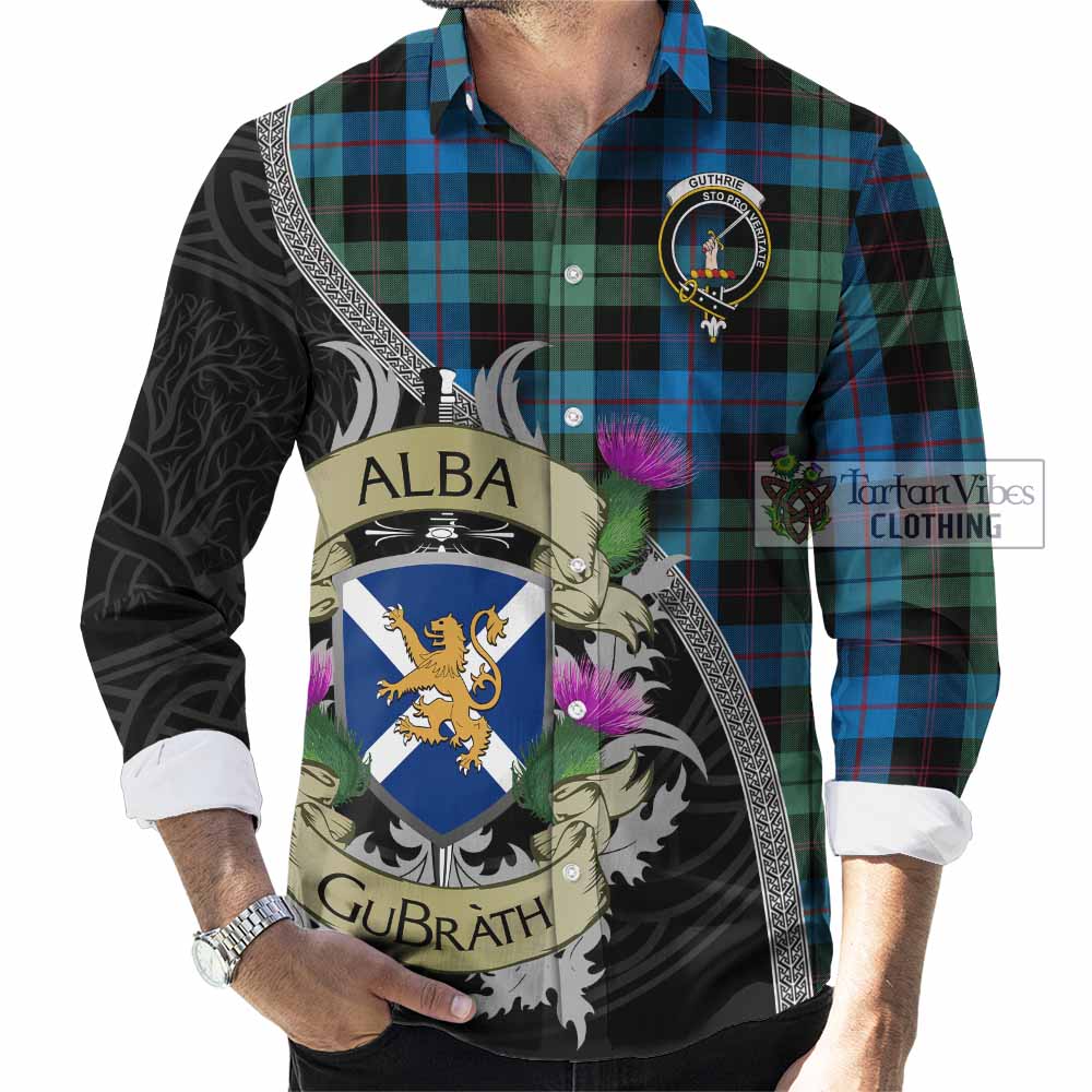 Guthrie Tartan Family Crest Long Sleeve Button Shirt Lion Rampant Royal Thistle Shield Celtic Inspired - Tartan Vibes Clothing