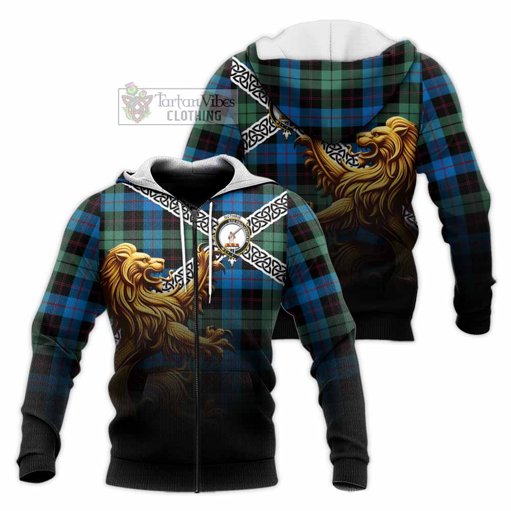 Tartan Vibes Clothing Guthrie Crest Tartan Knitted Hoodie with Golden Lion Emblem Celtic Style