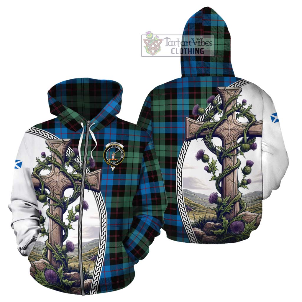 Tartan Vibes Clothing Guthrie Tartan Cotton Hoodie with Family Crest and St. Andrew's Cross Accented by Thistle Vines