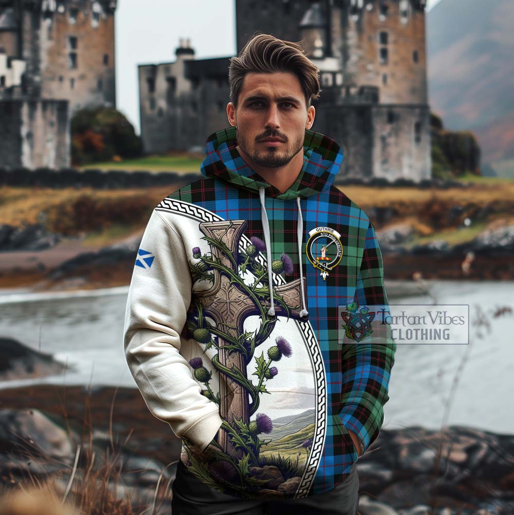 Tartan Vibes Clothing Guthrie Tartan Cotton Hoodie with Family Crest and St. Andrew's Cross Accented by Thistle Vines