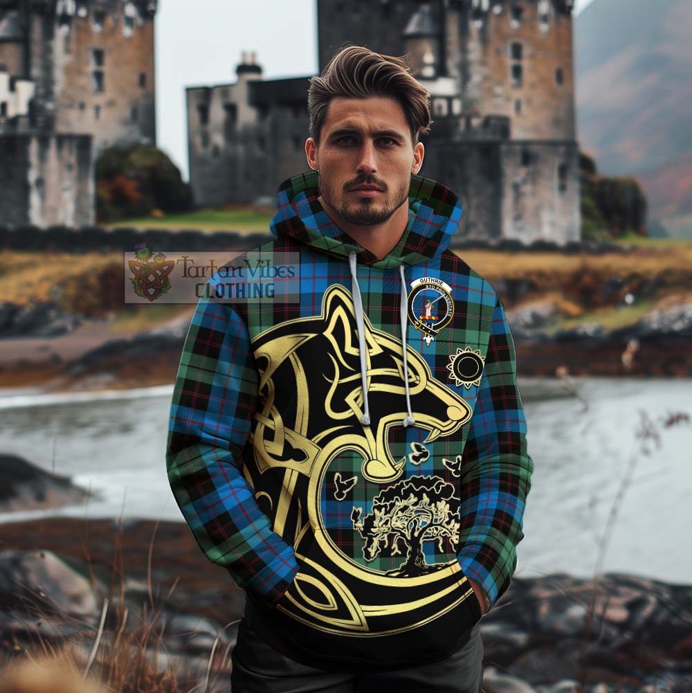 Guthrie Tartan Cotton Hoodie with Family Crest Celtic Wolf Style - Tartan Vibes Clothing