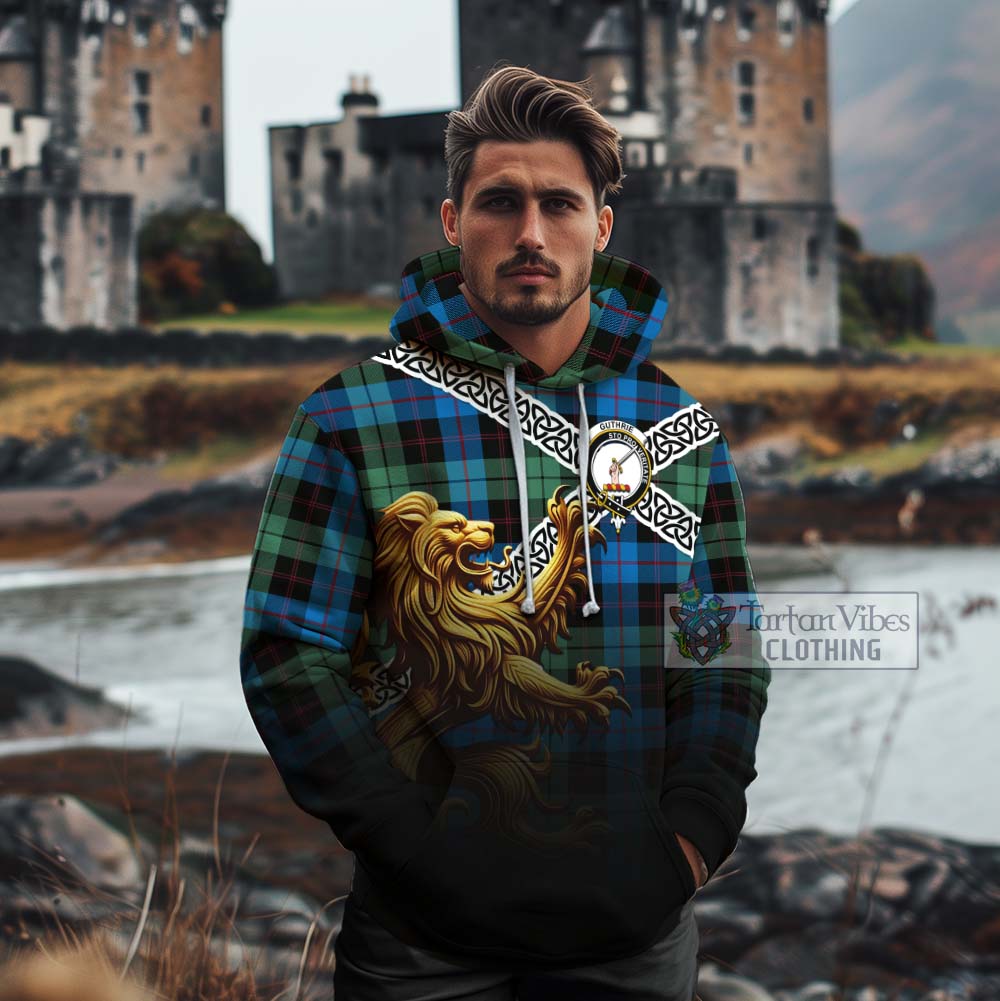 Tartan Vibes Clothing Guthrie Crest Tartan Cotton Hoodie with Golden Lion Emblem Celtic Style