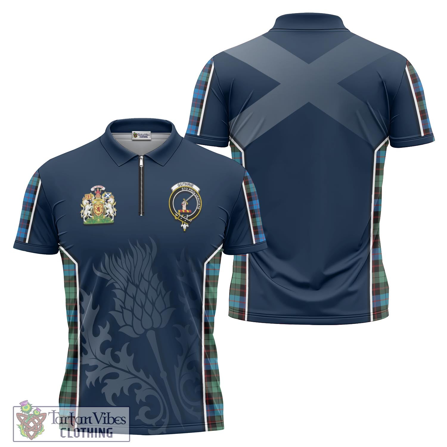 Tartan Vibes Clothing Guthrie Ancient Tartan Zipper Polo Shirt with Family Crest and Scottish Thistle Vibes Sport Style