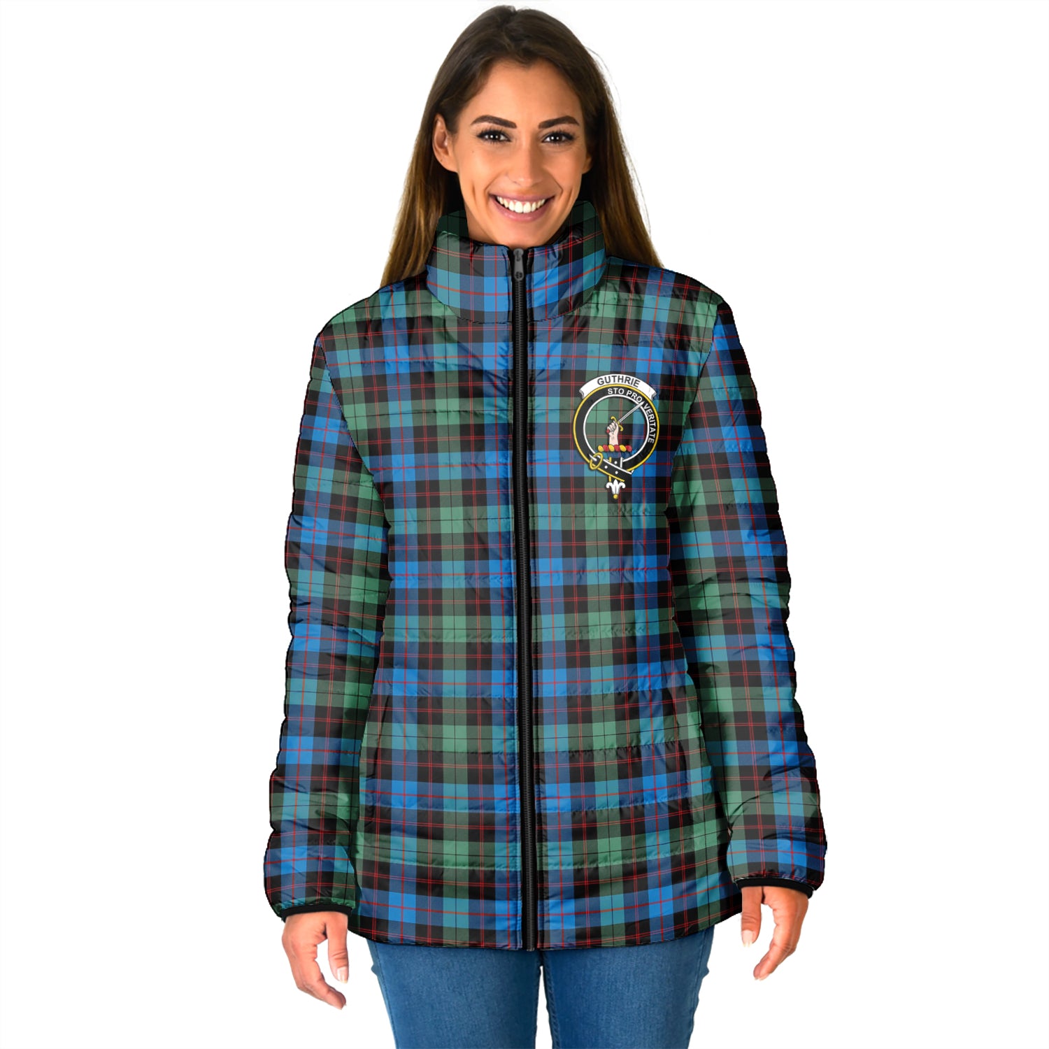 Guthrie Ancient Tartan Padded Jacket with Family Crest - Tartanvibesclothing