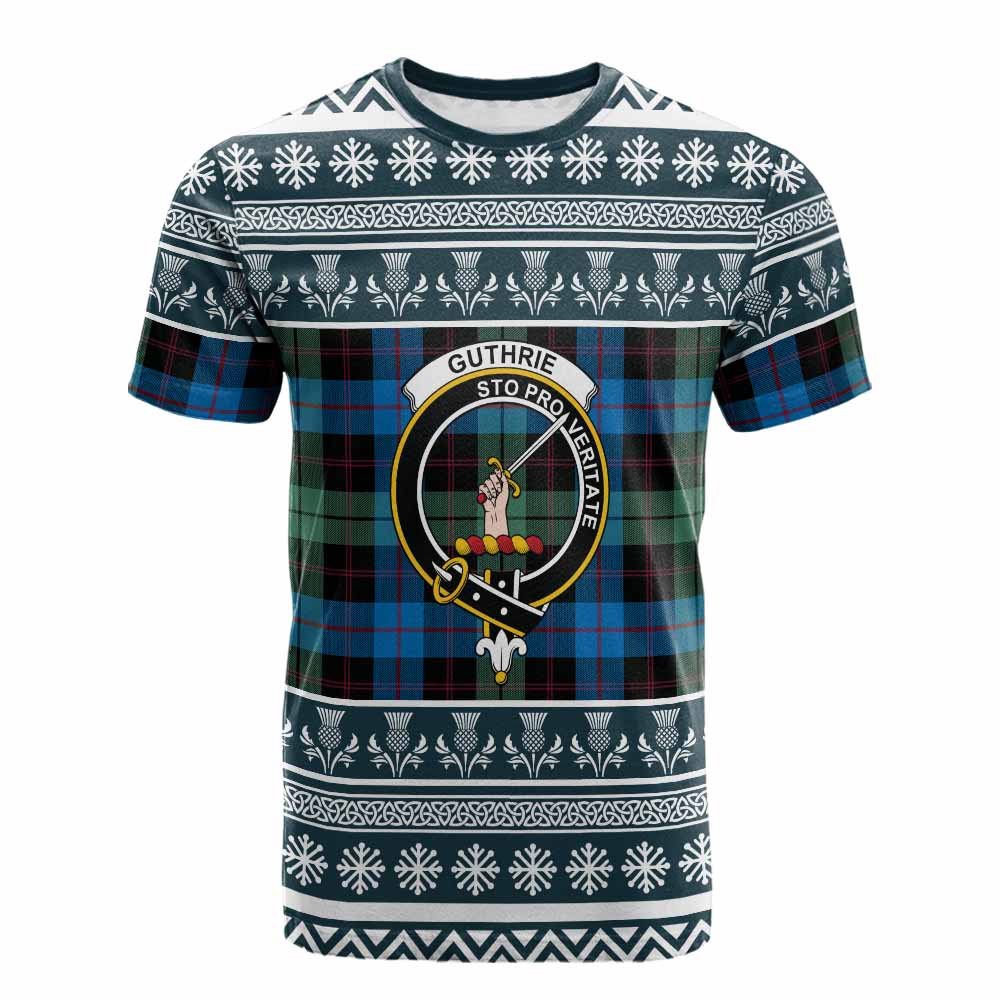 Guthrie Clan Tartan Christmas Cotton T-shirt with Family Crest - Tartan Vibes Clothing