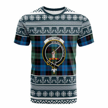 Guthrie Clan Tartan Christmas Cotton T-shirt with Family Crest