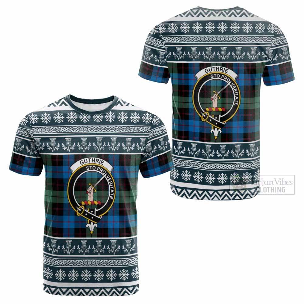 Guthrie Clan Tartan Christmas Cotton T-shirt with Family Crest - Tartan Vibes Clothing