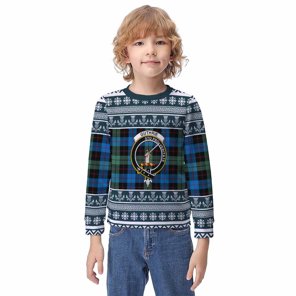 Guthrie Clan Tartan Christmas Kid Ugly Sweatshirt with Family Crest - Tartan Vibes Clothing