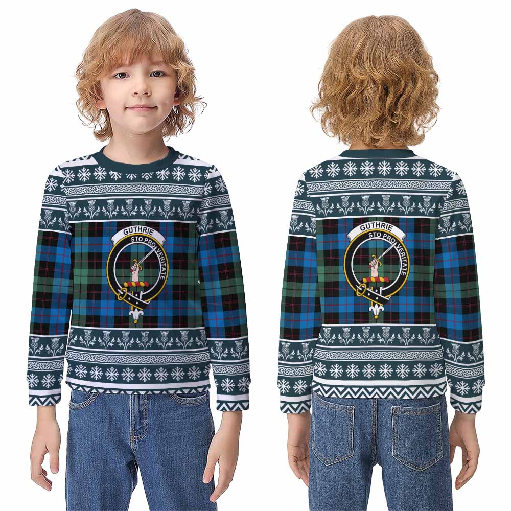 Guthrie Clan Tartan Christmas Kid Ugly Sweatshirt with Family Crest - Tartan Vibes Clothing