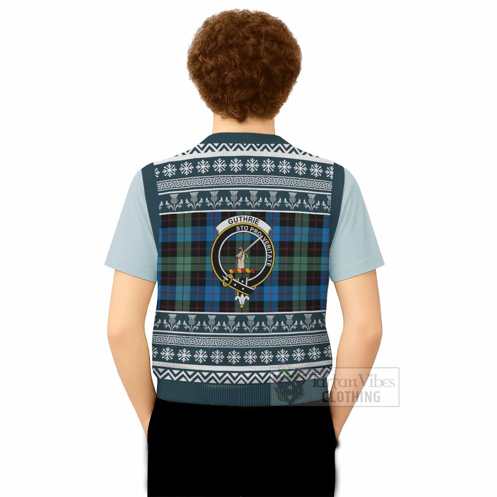 Guthrie Clan Tartan Christmas Knitted V-Neck Vest with Family Crest - Tartan Vibes Clothing