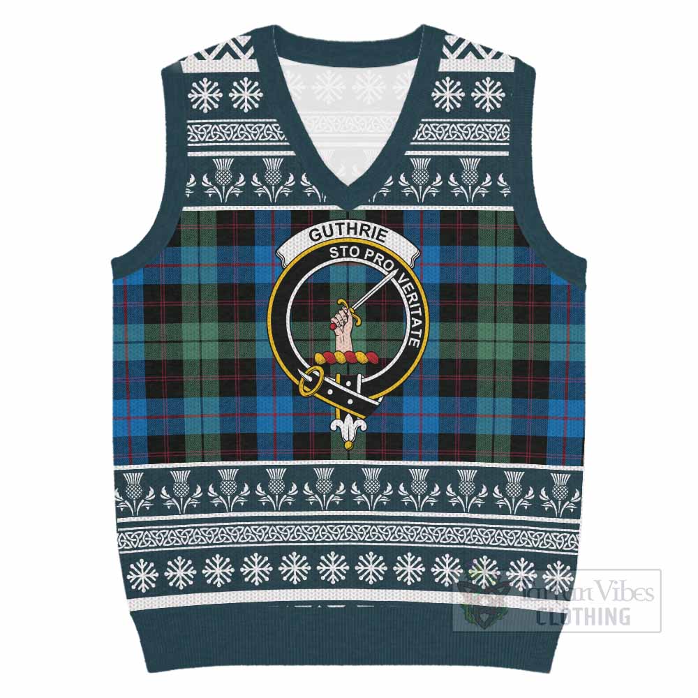 Guthrie Clan Tartan Christmas Knitted V-Neck Vest with Family Crest - Tartan Vibes Clothing
