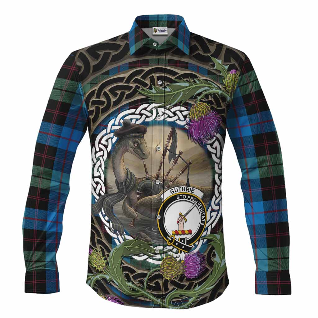 Guthrie Tartan Crest Bagpipe Nessie Long Sleeve Button Shirts Scottish Loch Ness Monster Celtic Thistle
