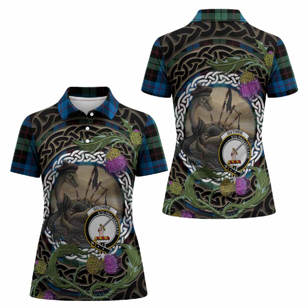 Guthrie Tartan Crest Bagpipe Nessie Women Polo Shirt Scottish Loch Ness Monster Celtic Thistle