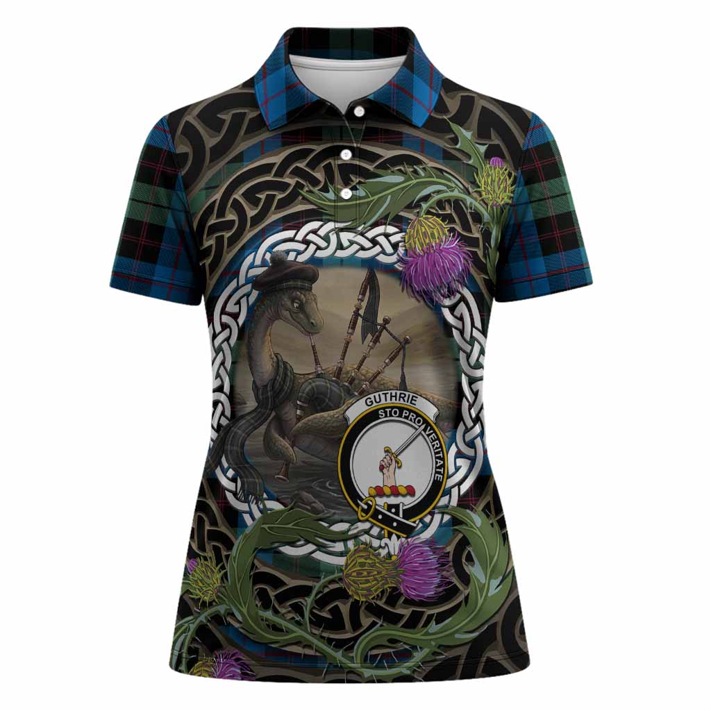 Guthrie Tartan Crest Bagpipe Nessie Women Polo Shirt Scottish Loch Ness Monster Celtic Thistle