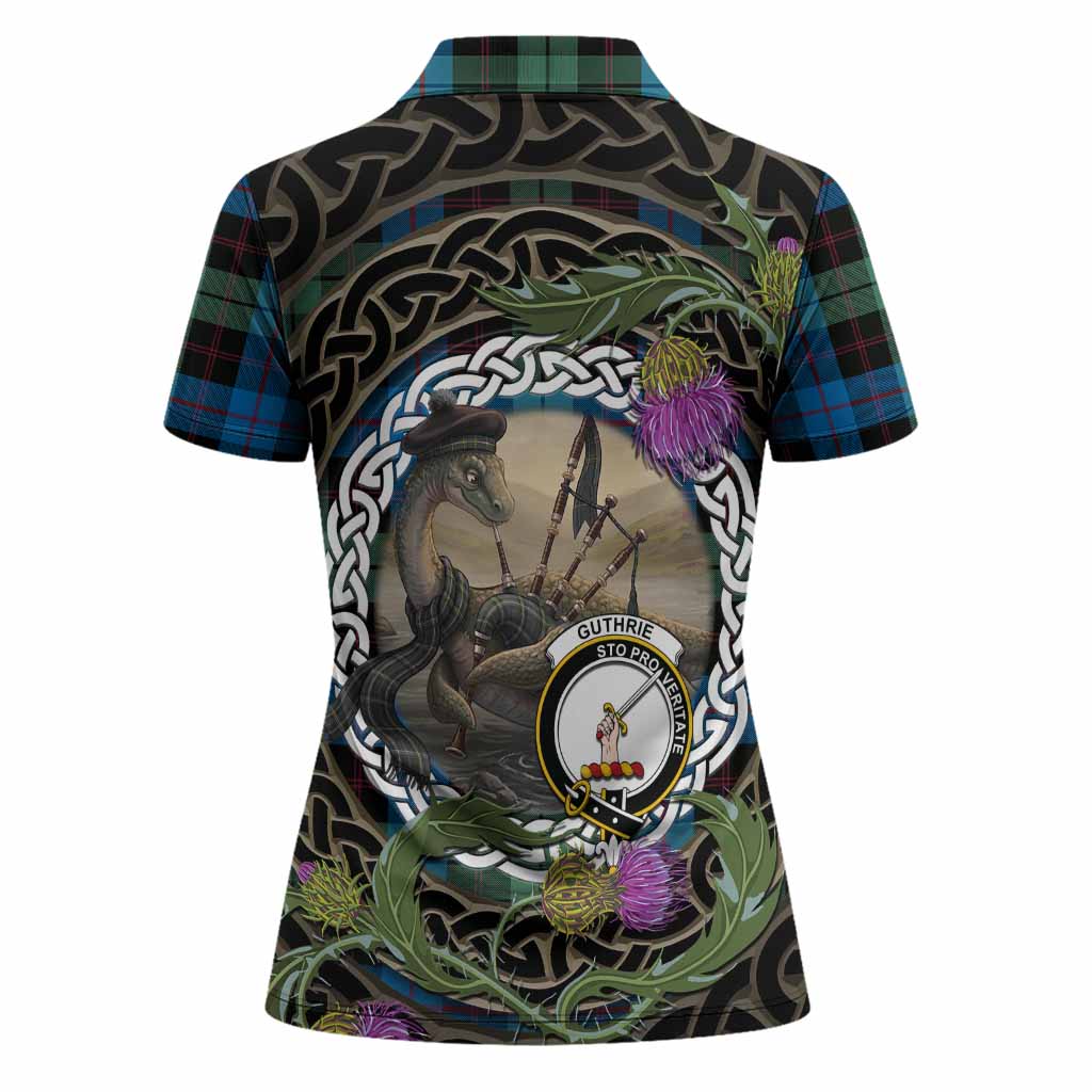 Guthrie Tartan Crest Bagpipe Nessie Women Polo Shirt Scottish Loch Ness Monster Celtic Thistle