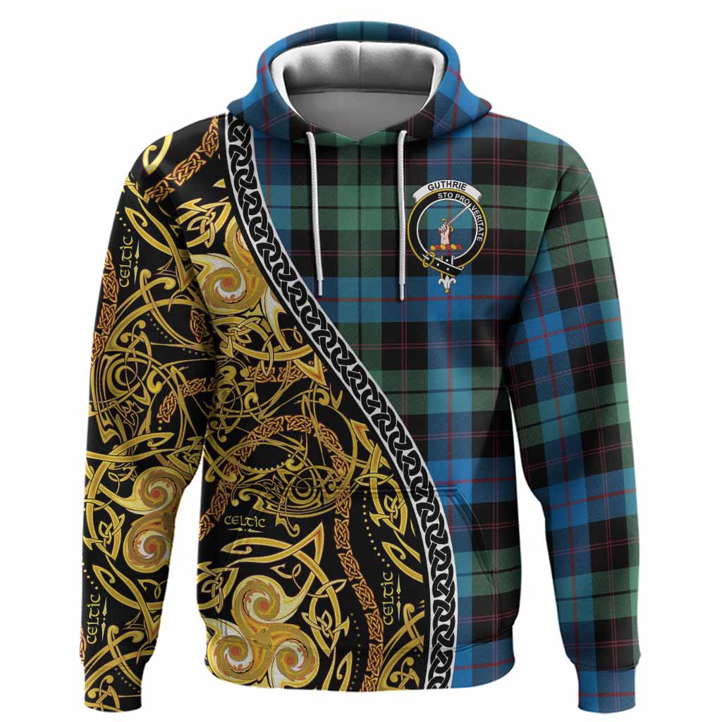 Guthrie Tartan Crest Hoodie Celtic Knot and Triple Trickle Spiral Symbols