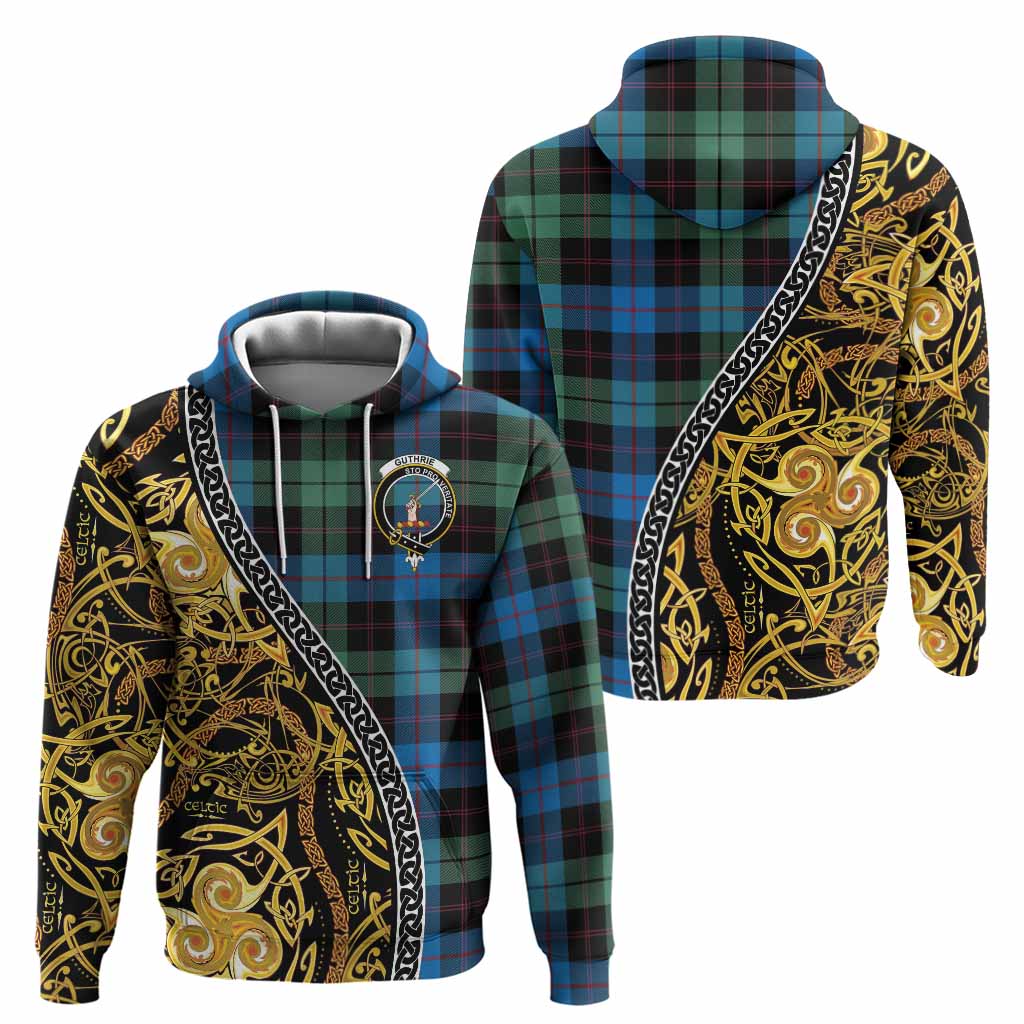 Guthrie Tartan Crest Hoodie Celtic Knot and Triple Trickle Spiral Symbols