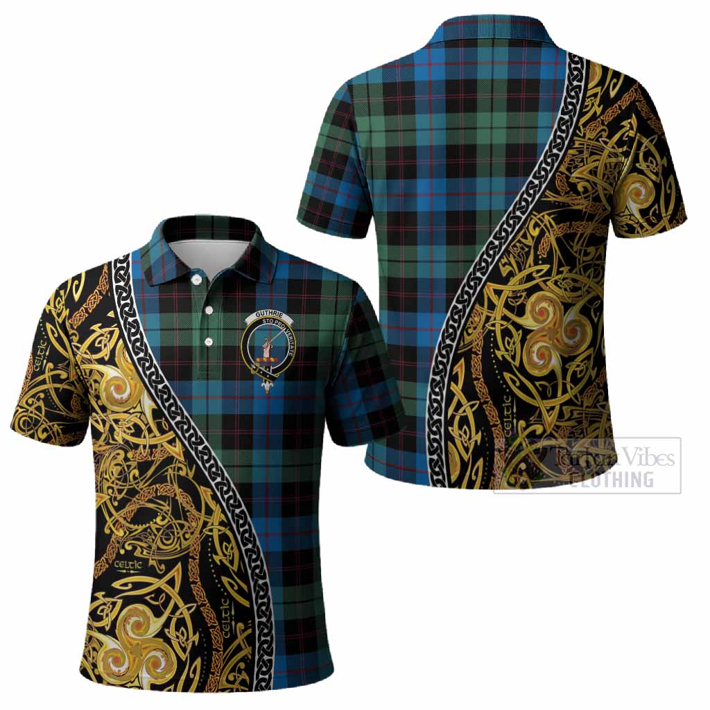 Guthrie Tartan Crest Polo Shirt Celtic Knot and Triple Trickle Spiral Symbols