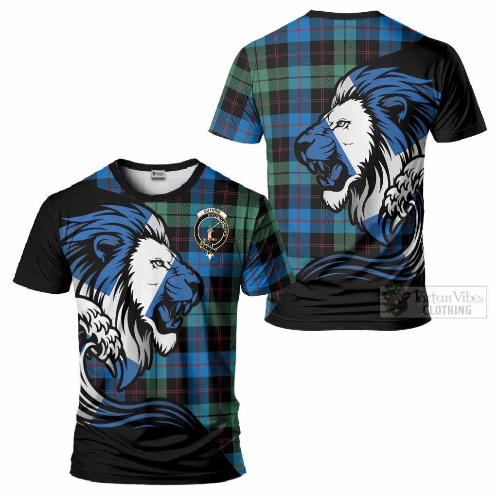 Guthrie Tartan Crest T-Shirt Scottish Golden Lions Wave Flow