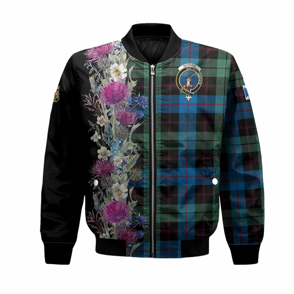 Guthrie Tartan Crest Thistle Floral Bomber Jacket Unisex Black - Tartan Vibes Clothing