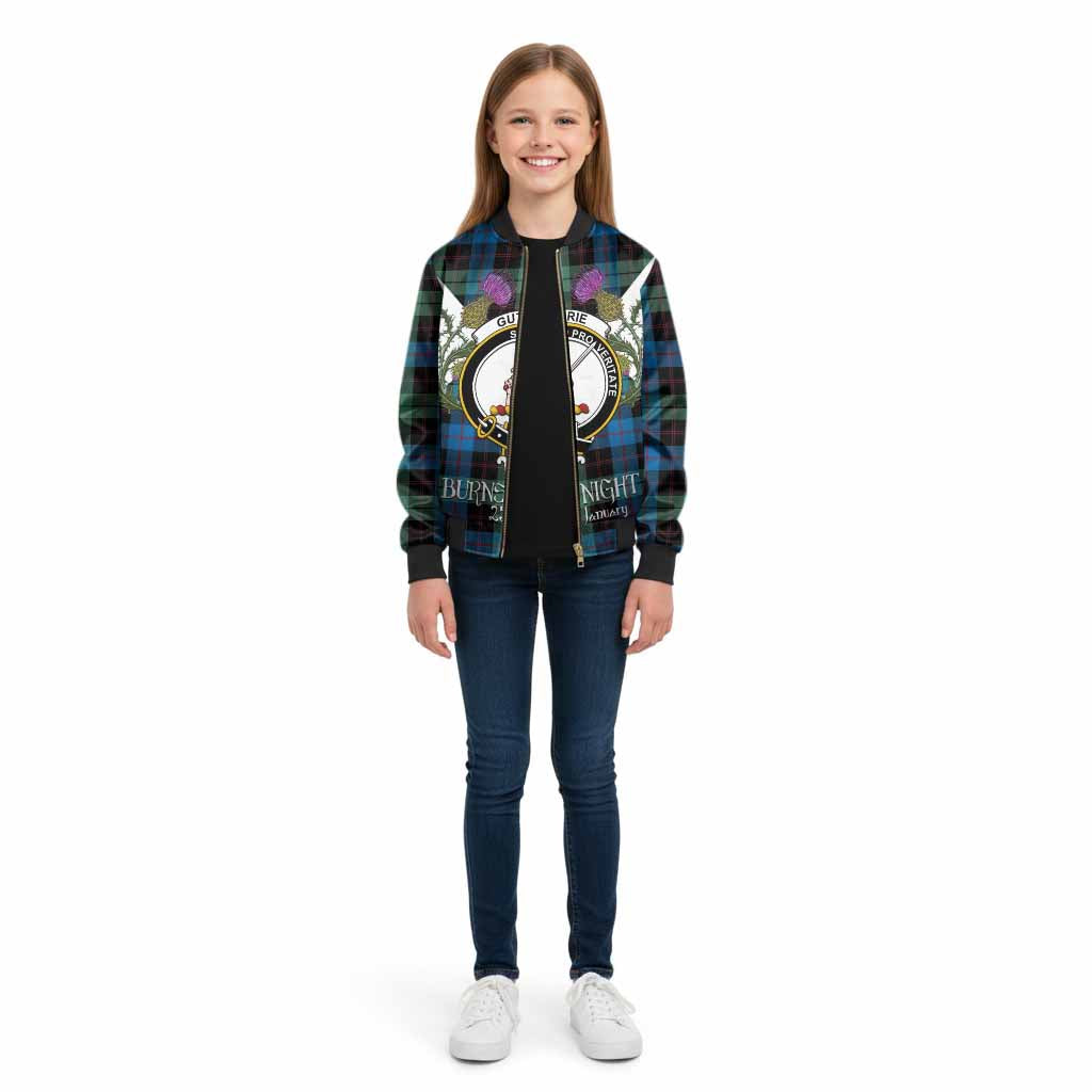 Guthrie Tartan Family Crest Kid Bomber Jacket Scottish Burns Night Thistle Floral