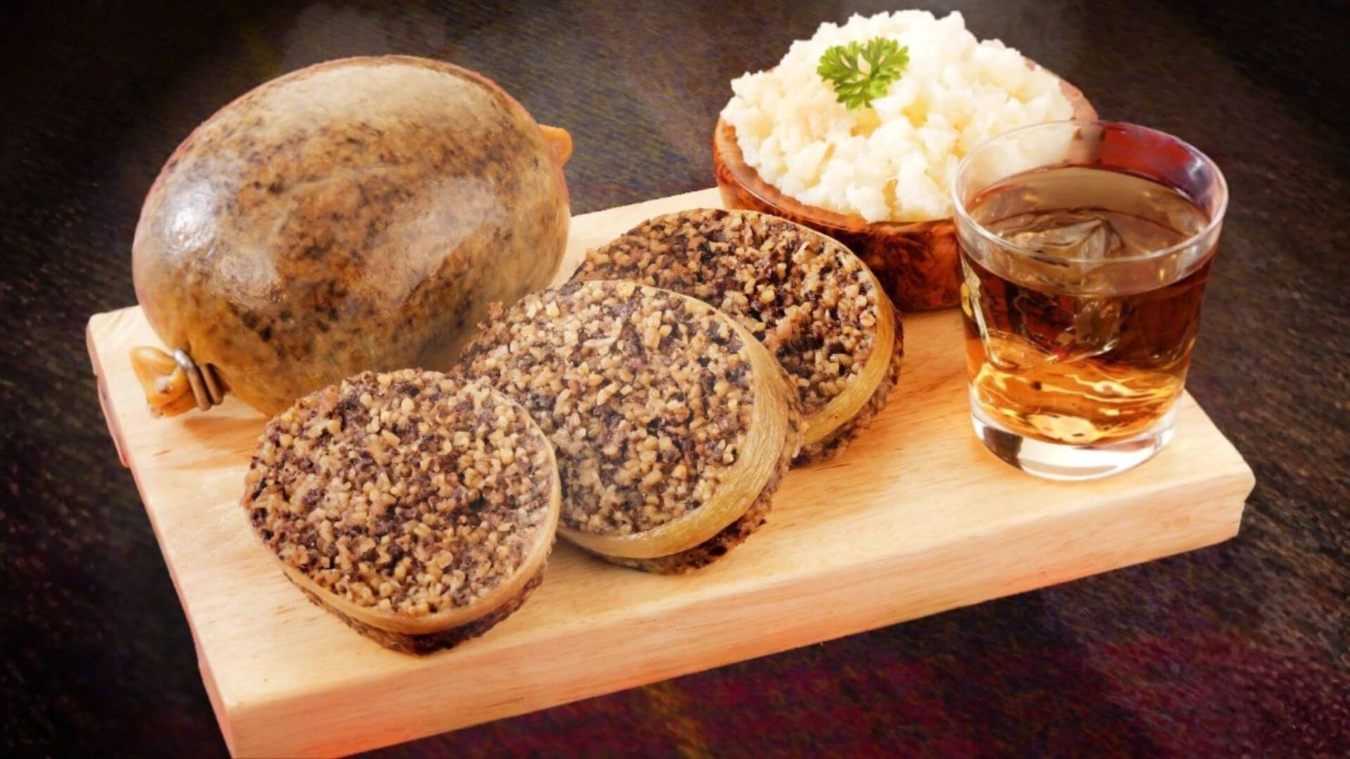 Traditional Scottish haggis served with mashed potatoes and a glass of whisky.