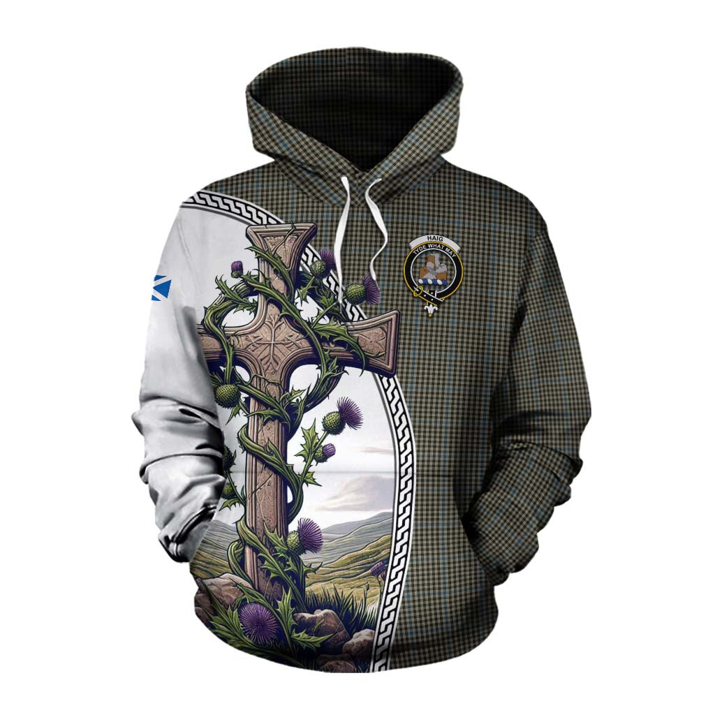 Tartan Vibes Clothing Haig Tartan Cotton Hoodie with Family Crest and St. Andrew's Cross Accented by Thistle Vines