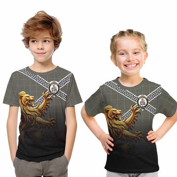 Haig Crest Tartan Kid T-Shirt with Golden Lion Emblem Celtic Style