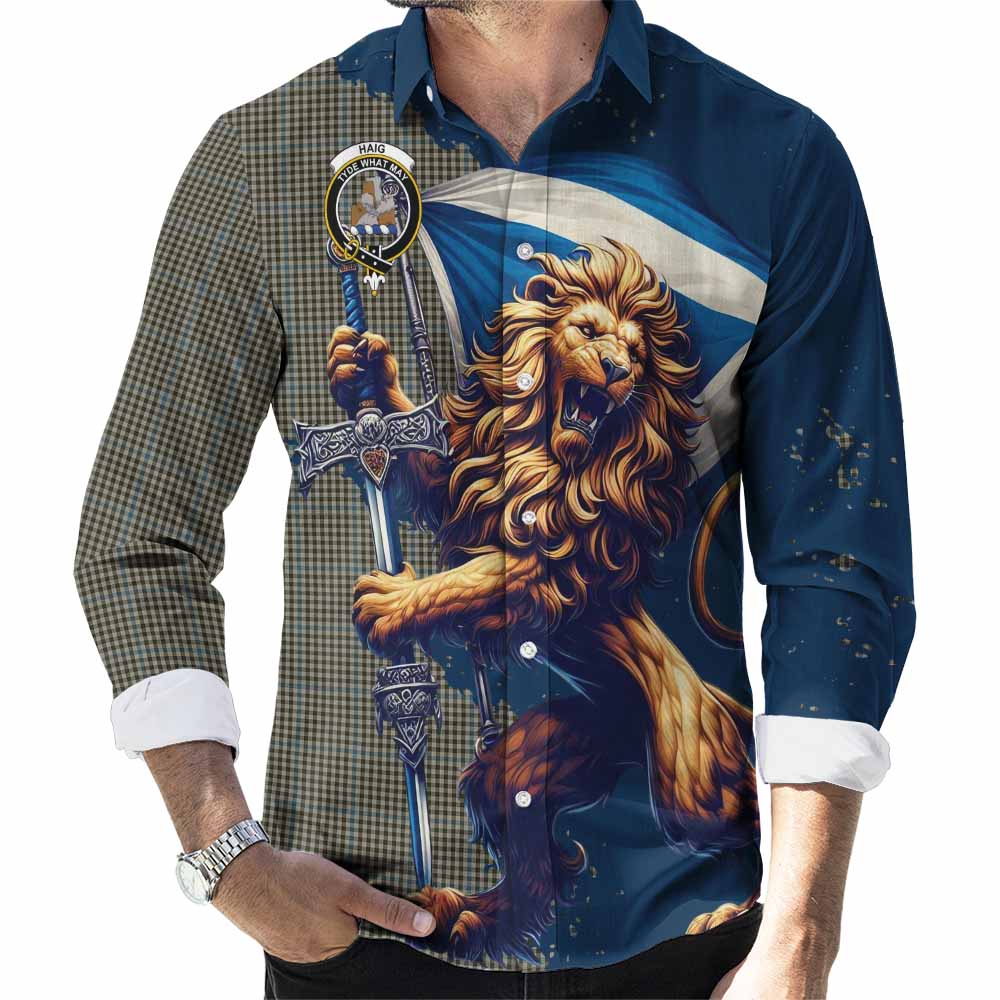 Tartan Vibes Clothing Haig Tartan Family Crest Long Sleeve Button Shirt with Scottish Majestic Lion