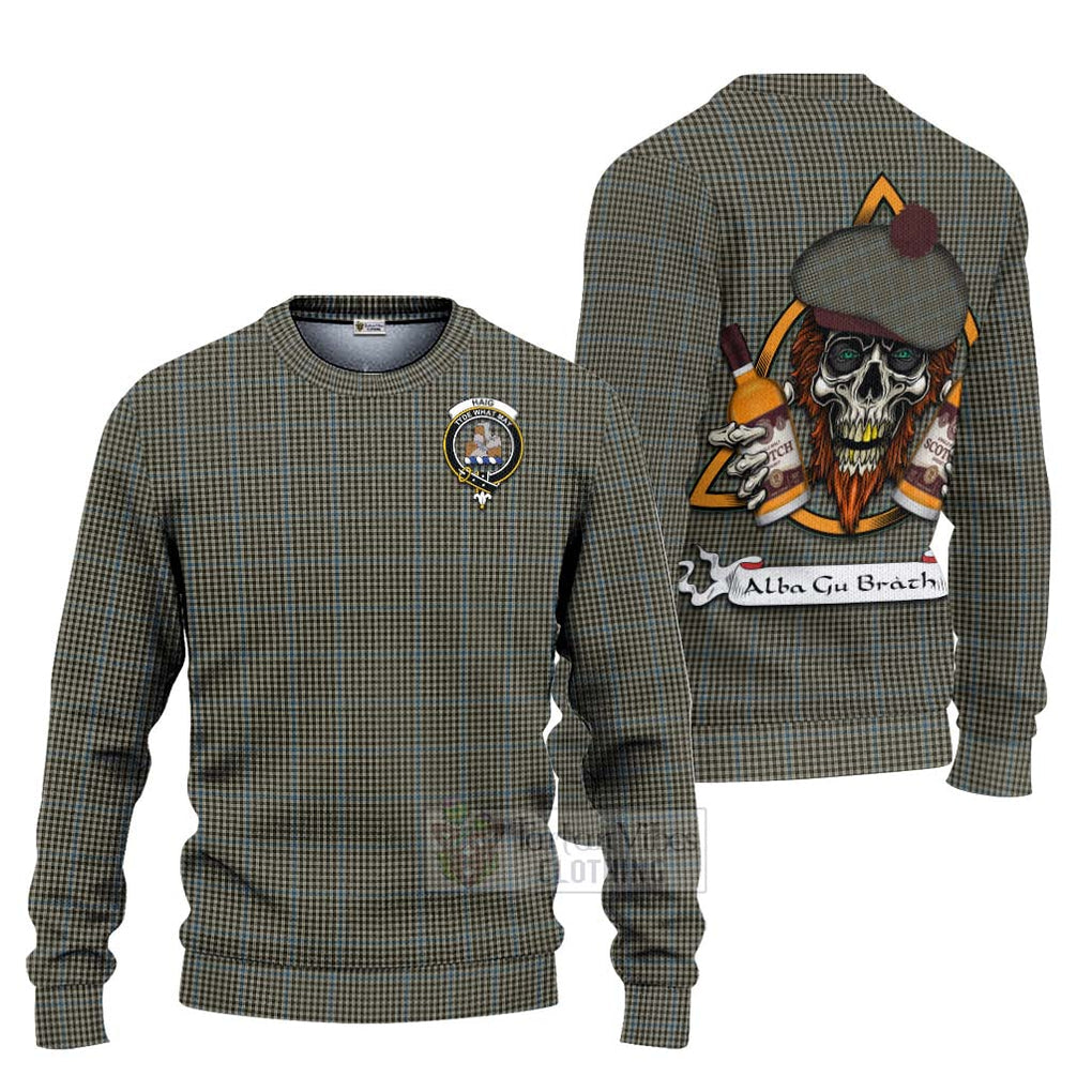 Tartan Vibes Clothing Haig Tartan Knitted Sweater with Family Crest and Bearded Skull Holding Bottles of Whiskey