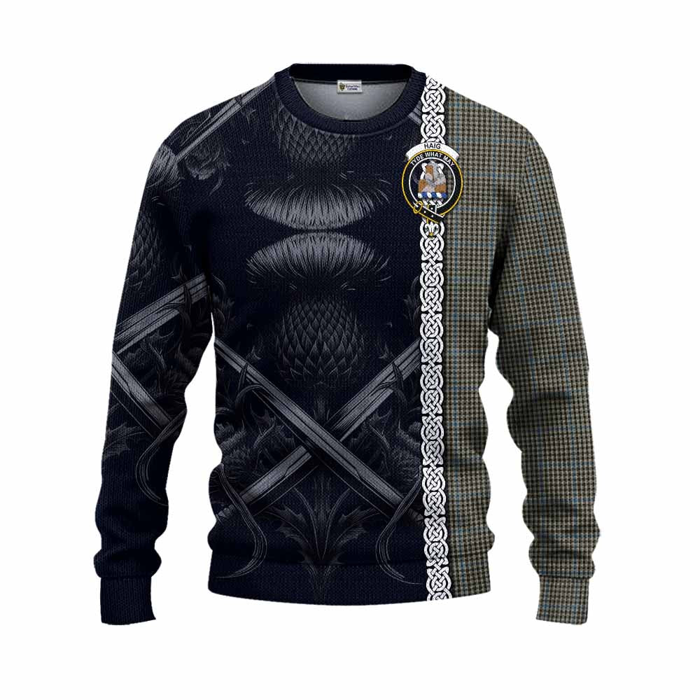 Tartan Vibes Clothing Haig Tartan Knitted Sweater with Family Crest Cross Sword Thistle Celtic Vibes