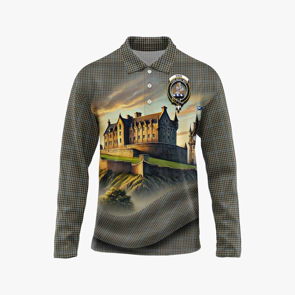 Tartan Vibes Clothing Haig Tartan Family Crest Long Sleeve Polo Shirt with Scottish Ancient Castle Style