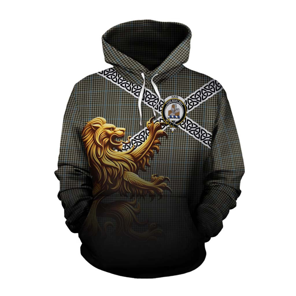 Tartan Vibes Clothing Haig Crest Tartan Cotton Hoodie with Golden Lion Emblem Celtic Style