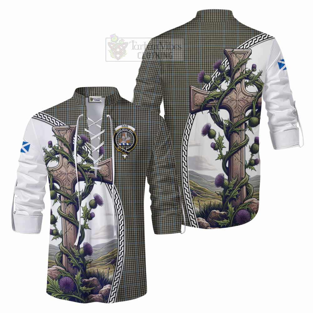 Tartan Vibes Clothing Haig Tartan Ghillie Kilt Shirt with Family Crest and St. Andrew's Cross Accented by Thistle Vines