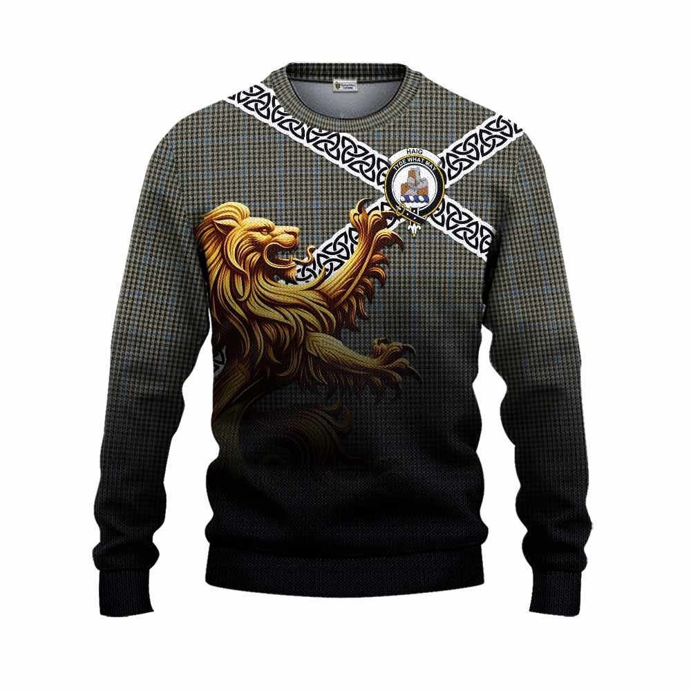 Tartan Vibes Clothing Haig Crest Tartan Knitted Sweater with Golden Lion Emblem Celtic Style