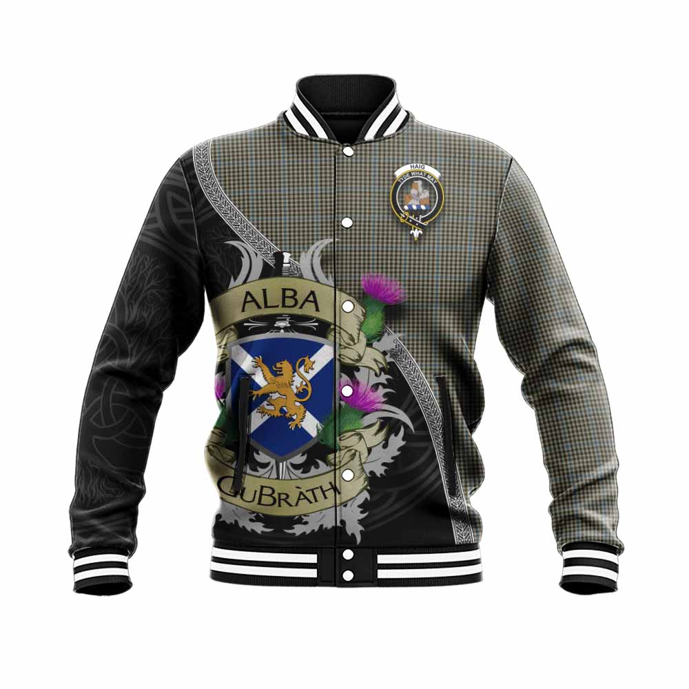Tartan Vibes Clothing Haig Tartan Family Crest Baseball Jacket Lion Rampant Royal Thistle Shield Celtic Inspired
