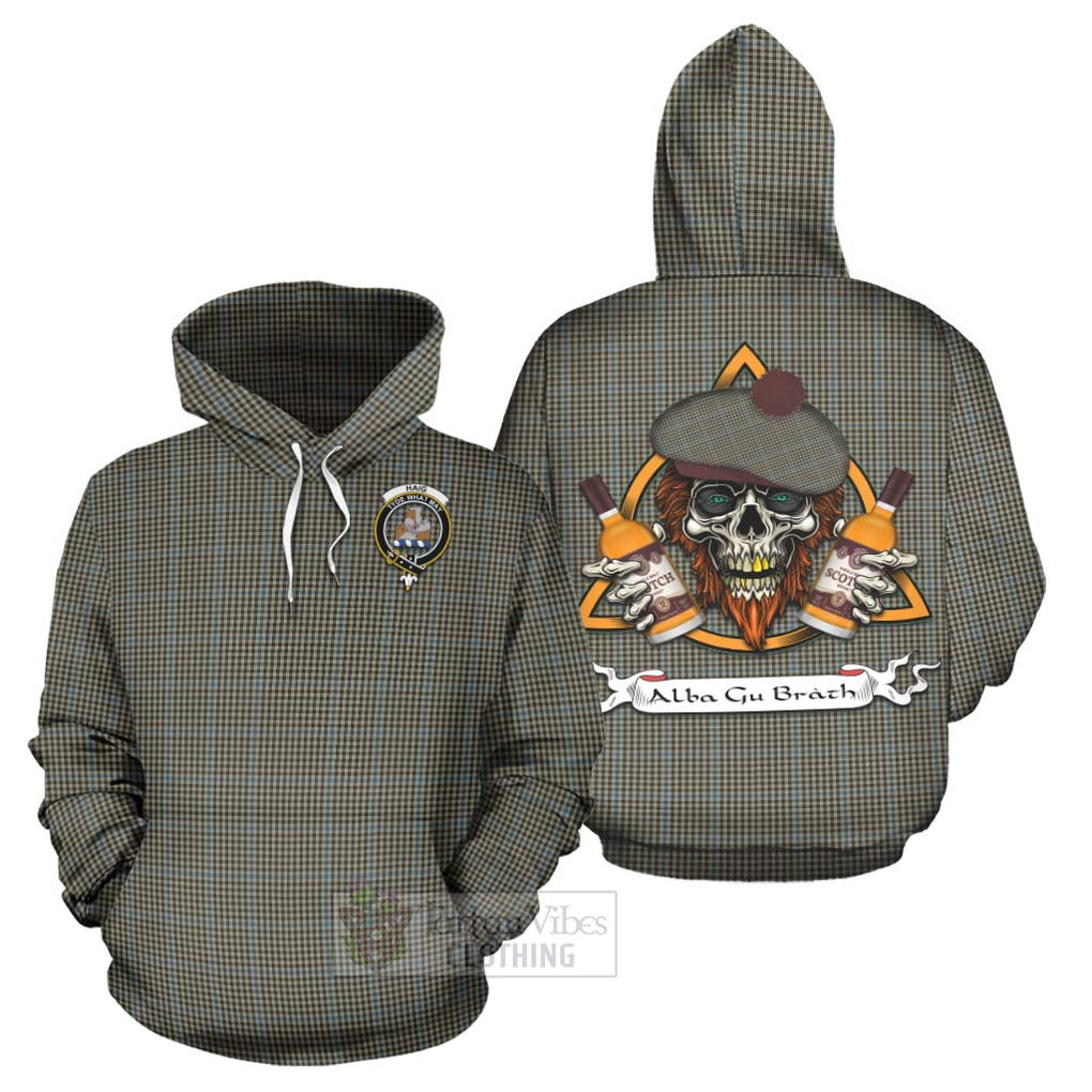 Tartan Vibes Clothing Haig Tartan Hoodie with Family Crest and Bearded Skull Holding Bottles of Whiskey