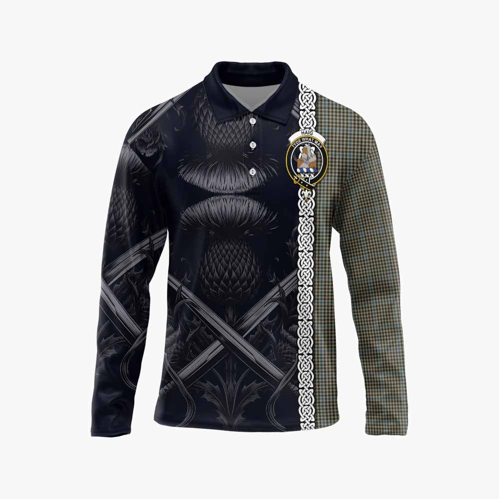 Tartan Vibes Clothing Haig Tartan Long Sleeve Polo Shirt with Family Crest Cross Sword Thistle Celtic Vibes