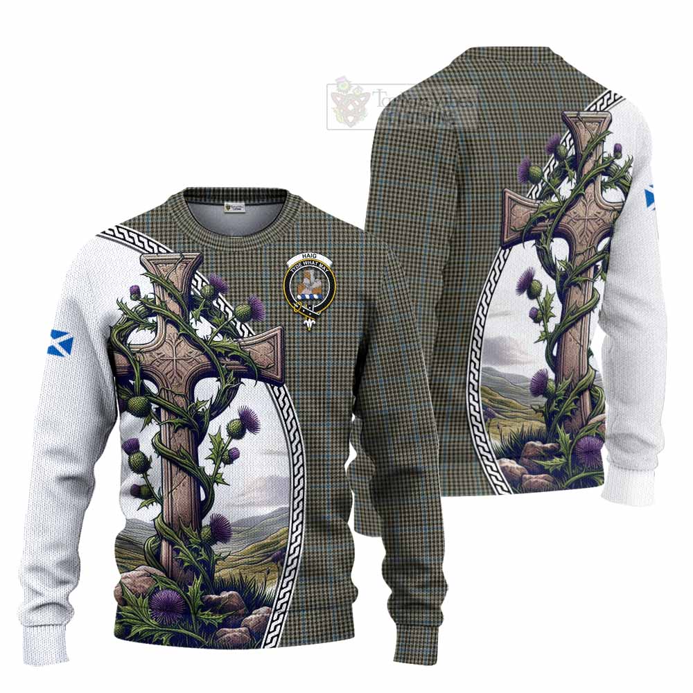 Tartan Vibes Clothing Haig Tartan Knitted Sweater with Family Crest and St. Andrew's Cross Accented by Thistle Vines
