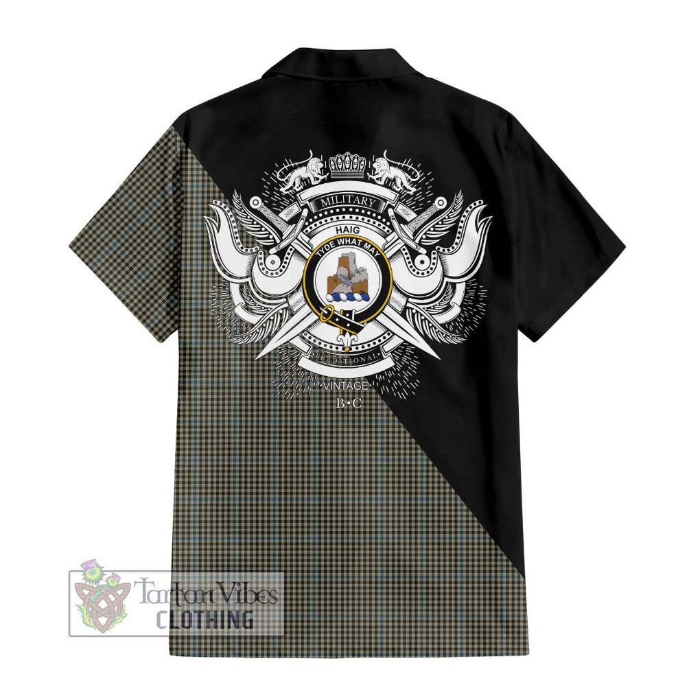 Haig Tartan Short Sleeve Button Shirt with Family Crest and Military Logo Style - Tartanvibesclothing Shop