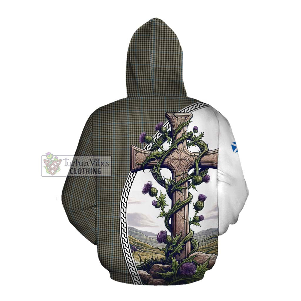Tartan Vibes Clothing Haig Tartan Cotton Hoodie with Family Crest and St. Andrew's Cross Accented by Thistle Vines