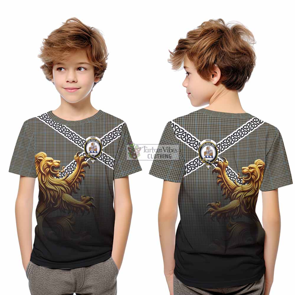 Tartan Vibes Clothing Haig Crest Tartan Kid T-Shirt with Golden Lion Emblem Celtic Style