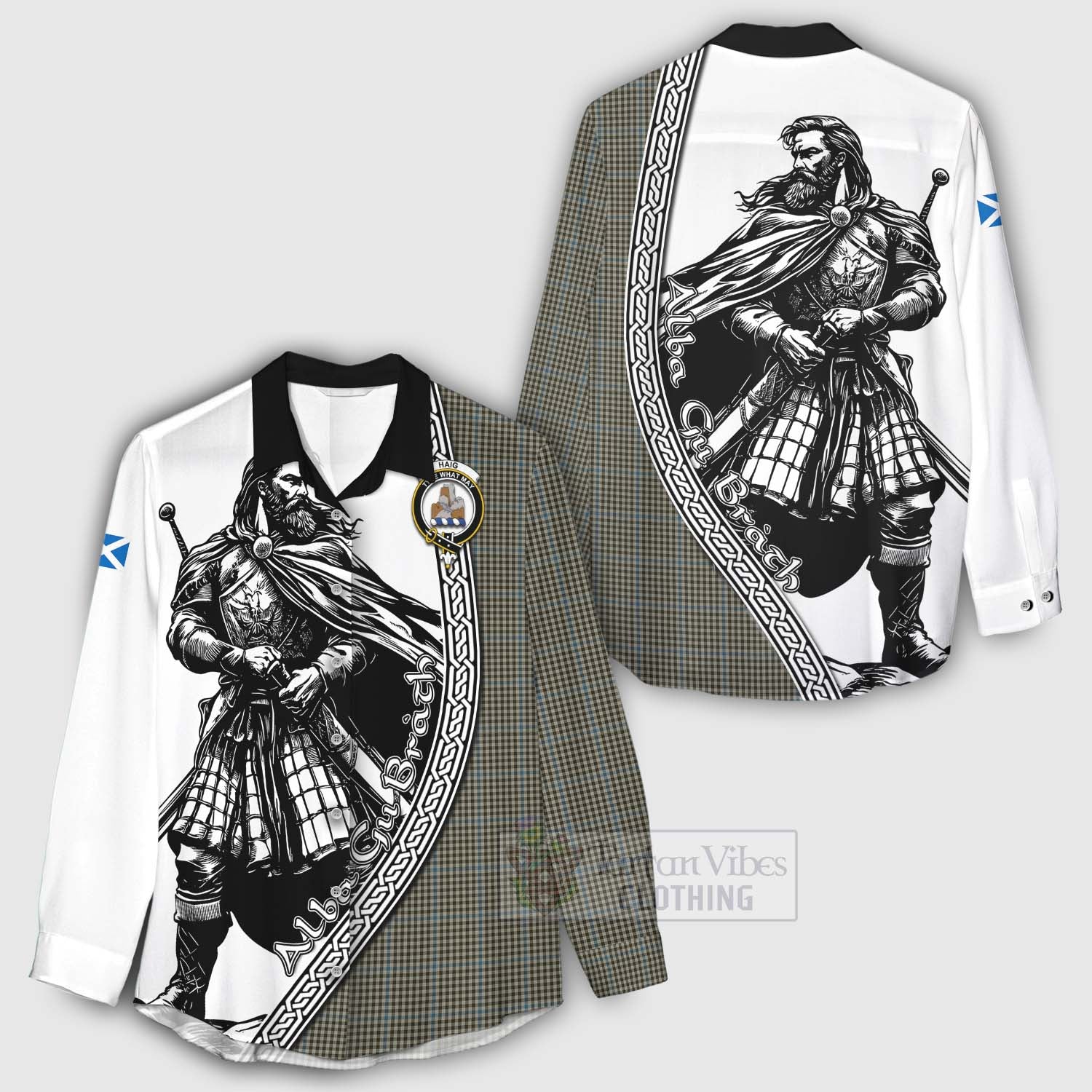 Tartan Vibes Clothing Haig Tartan Clan Crest Women's Casual Shirt with Highlander Warrior Celtic Style