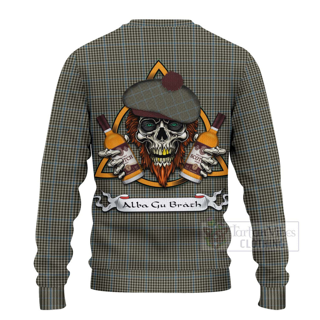 Tartan Vibes Clothing Haig Tartan Knitted Sweater with Family Crest and Bearded Skull Holding Bottles of Whiskey