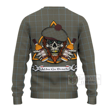 Tartan Vibes Clothing Haig Tartan Knitted Sweater with Family Crest and Bearded Skull Holding Bottles of Whiskey