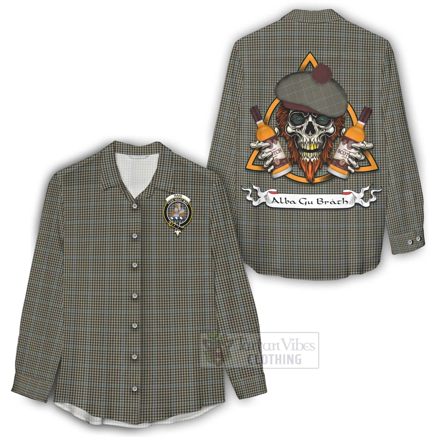 Tartan Vibes Clothing Haig Tartan Women's Casual Shirt with Family Crest and Bearded Skull Holding Bottles of Whiskey